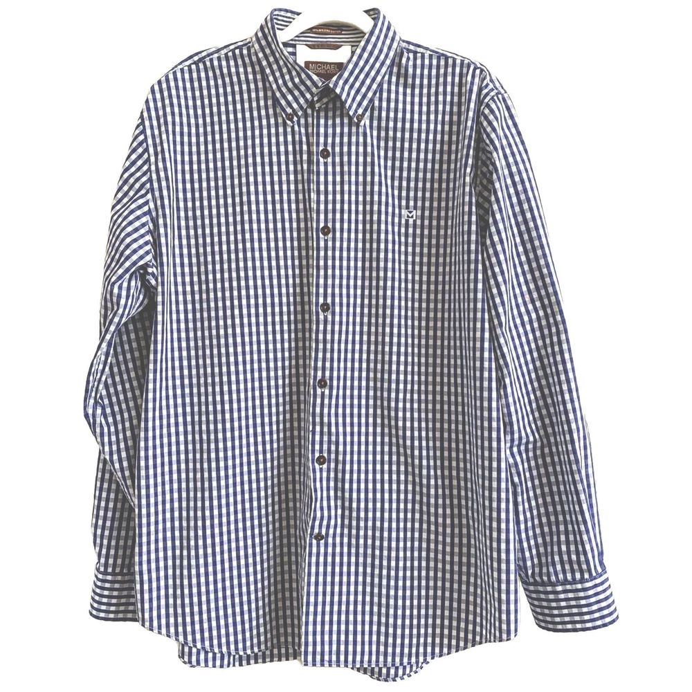 Michael Kors Button Up Dress Shirt Size L Checkered Plaid Blue White Logo Cotton